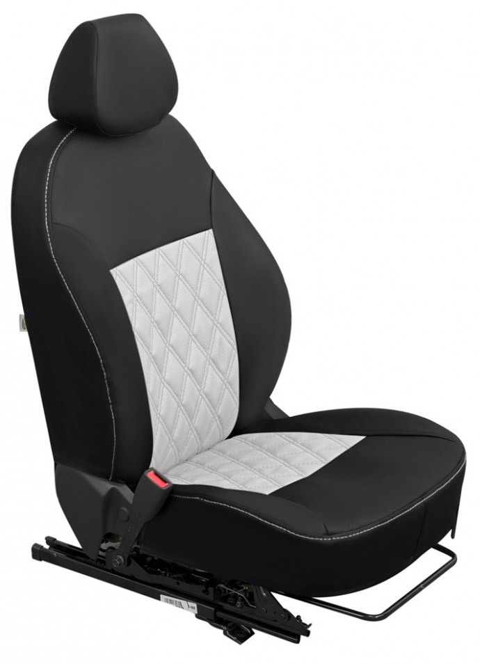 Авточехлы на Hyundai Solaris I / KIA Rio III "Ромб двойная строчка" экокожа, черно-белый