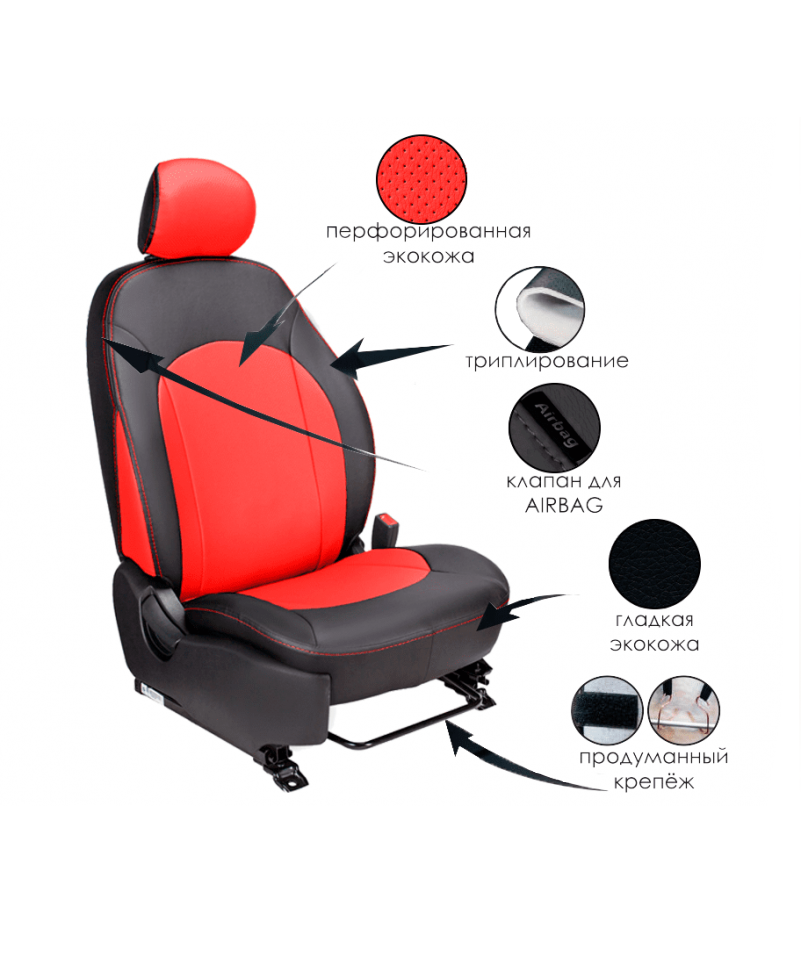 Авточехлы на Chevrolet Lacetti / Daewoo Gentra / Ravon Gentra "Алонсо" экокожа, черно-красные