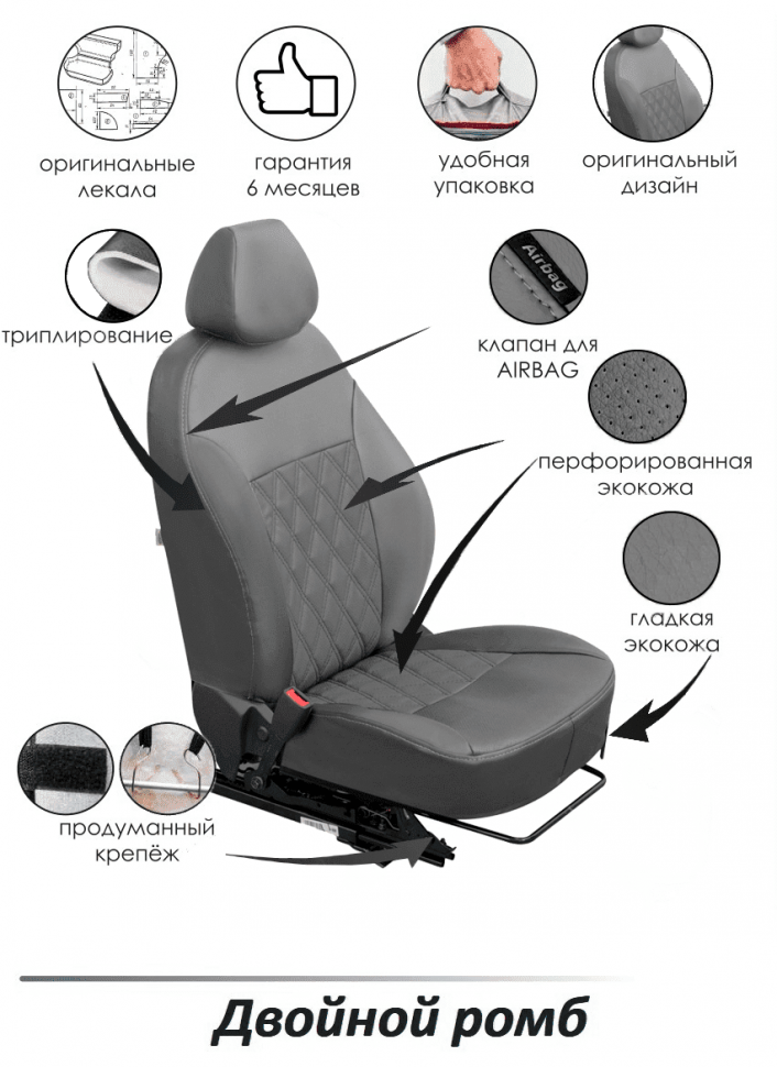 Авточехлы на Hyundai Solaris I / KIA Rio III "Ромб двойная строчка" экокожа, серый