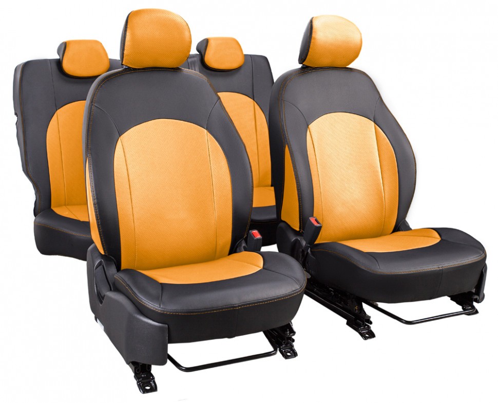 Авточехлы на Hyundai Solaris I / KIA Rio III "Алонсо" экокожа, черно-оранжевый