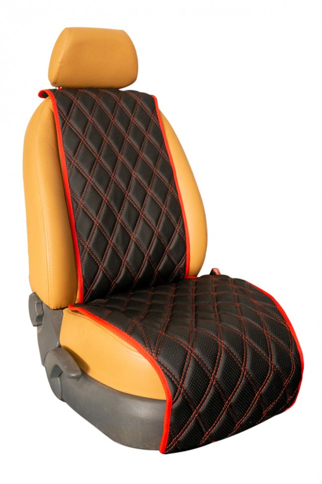 Накидка из экокожи на сиденье "Почин" двойной ромб, черный (красная окантовка) (2 шт.)