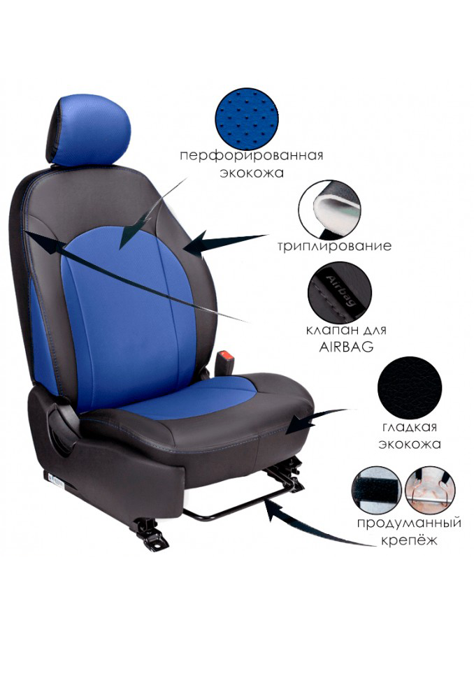Авточехлы на Chevrolet Lacetti / Daewoo Gentra / Ravon Gentra "Алонсо" экокожа, черно-синий