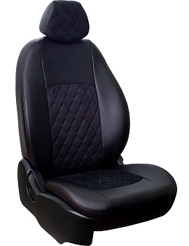 Чехлы на сиденья Renault Duster II (2020-2022) "Турин Ромб" экокожа/алькантара, черный/красная отстрочка