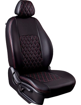 Чехлы на сиденья Renault Duster II (2020-2022) (Drive) "Турин Ромб" экокожа, черный/красная отстрочка