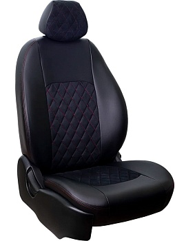 Чехлы на сиденья Hyundai Solaris II "Турин Ромб" экокожа/алькантара, черный/красная отстрочка