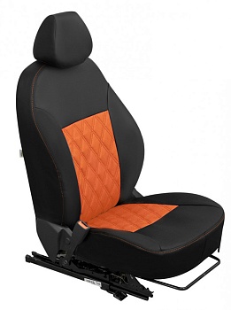 Авточехлы на Hyundai Sonata V (NF) "Ромб двойная строчка" экокожа, черно-оранжевый